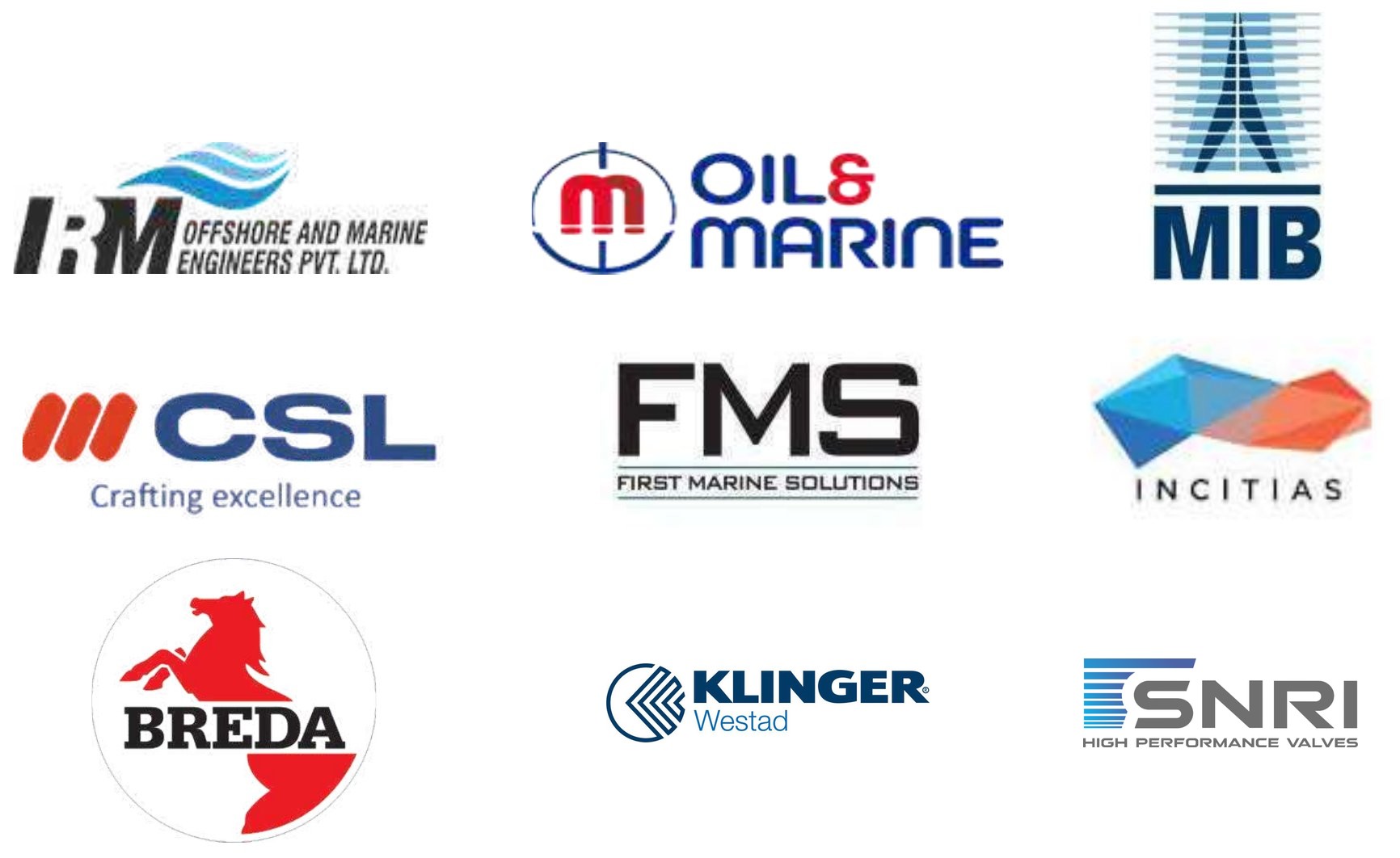 Partner logos: IRM Offshore and Marine Engineers, Man Oil & Marine, MIB Italiana, CSL, First Marine Solutions, Incitias, Breda, Klinger Westad, SNRI High Performance Valves